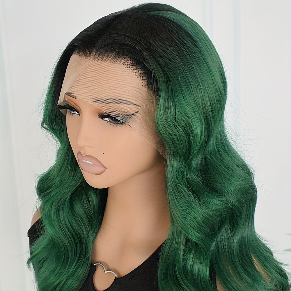 Dark Roots Ombre Green Color Wavy Synthetic Lace Front Wigs Pre Plucked Hairline