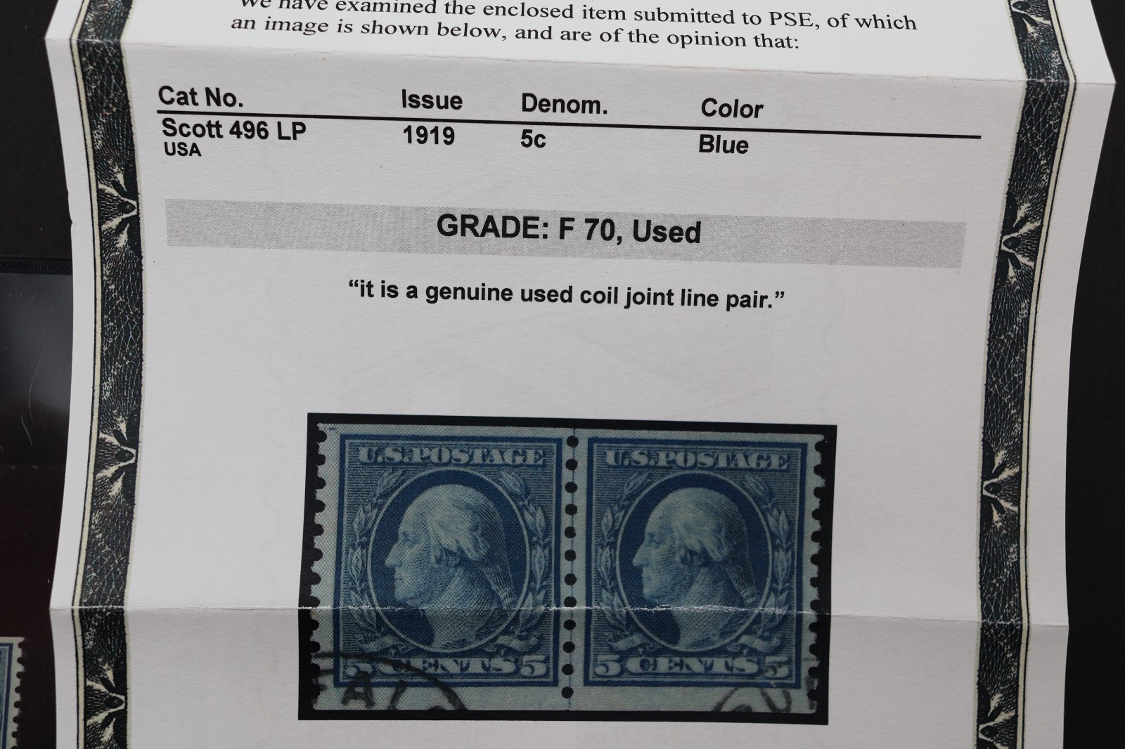 US SC# 496 LP CLP COIL LINE PAIR PSE GRADED F 70 USED SCARCE