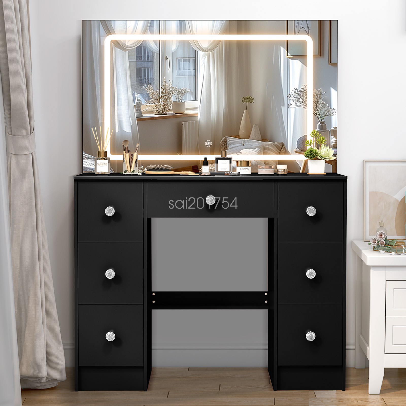 Black Vanity Makeup Desk with LED Lighted Mirror and 7 Drawers Dressing Table