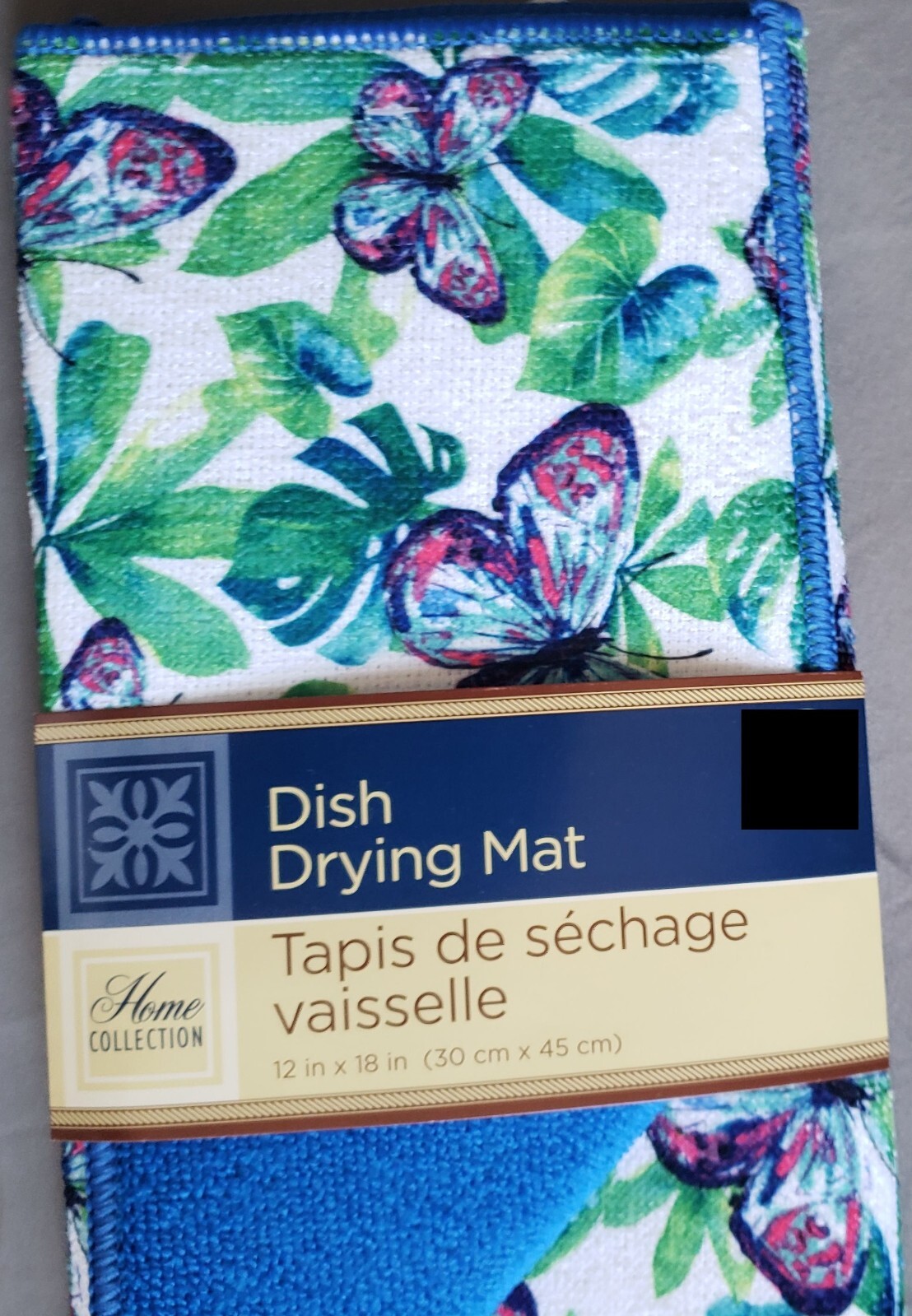 Microfiber Dish Drying Mat (12"x18") BUTTERFLIES & TROPICAL LEAVES, blue back,GR