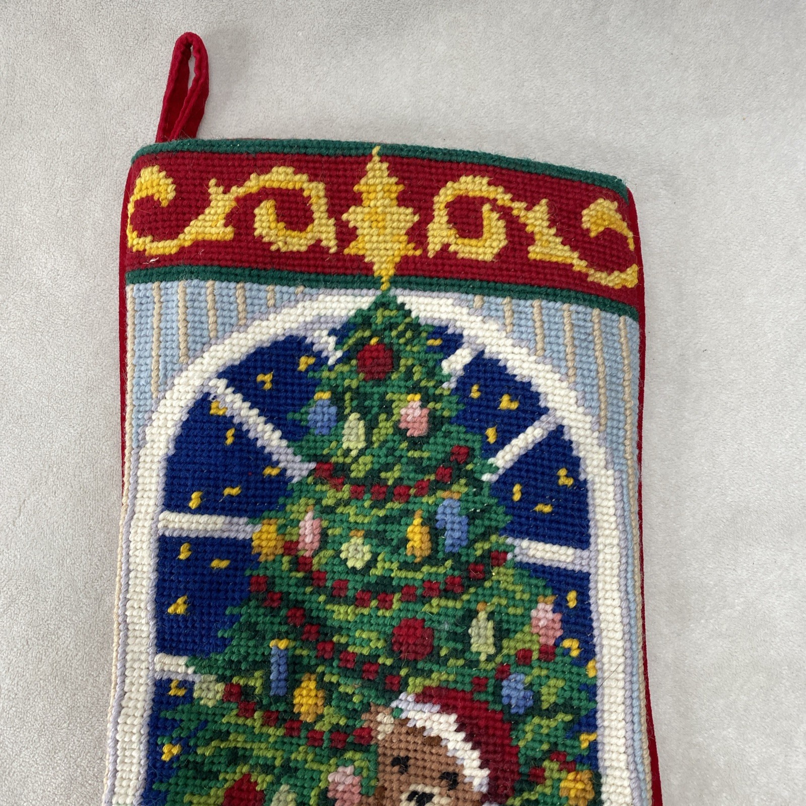 Vintage Wool Red Velvet Needlepoint Christmas Stocking Teddy Bear Rocking Horse