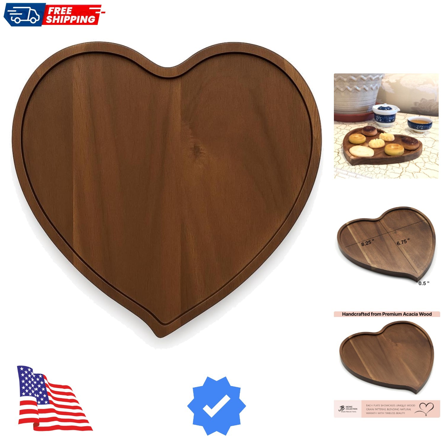 Acacia Wood Heart Shape Plate Romantic Wedding Serving Tray for Snack Cake Fr...