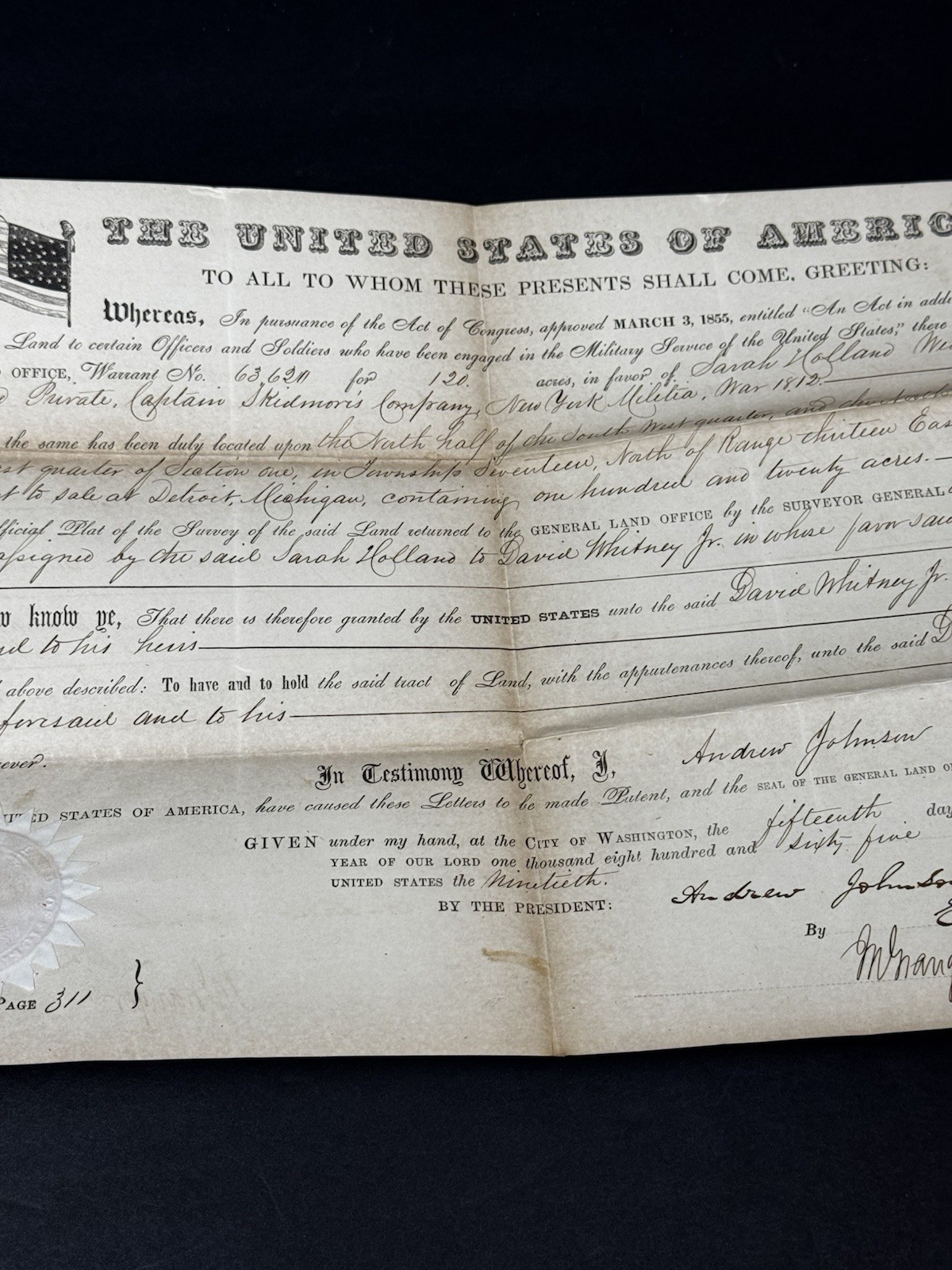Original 1865 Andrew Johnson Civil War Land Grant 120 Detroit MI David Whitney