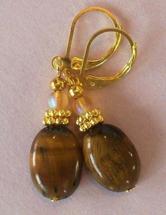 TIGER EYE oval frosted Crystal earring GP handcrafted LEVERBACK  XX
