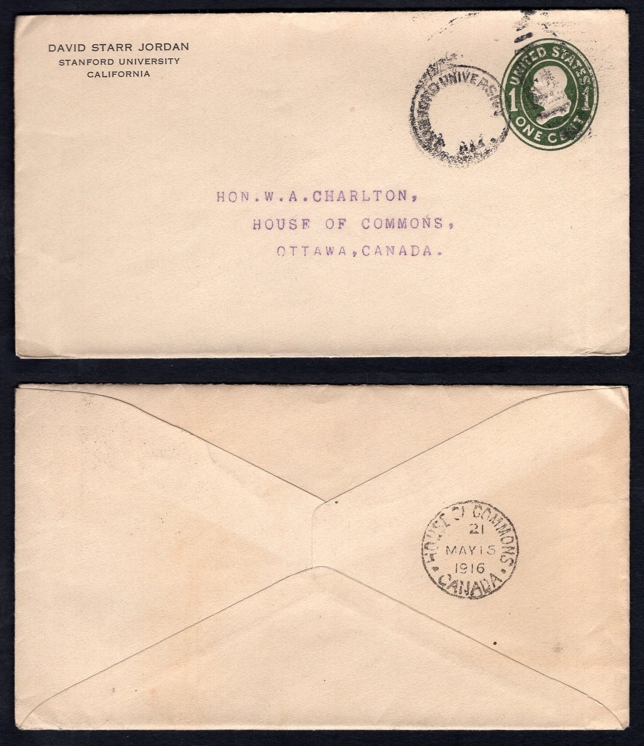 CANADA House of Commons 1916 CDS Receiver on Cover from Stanford University USA