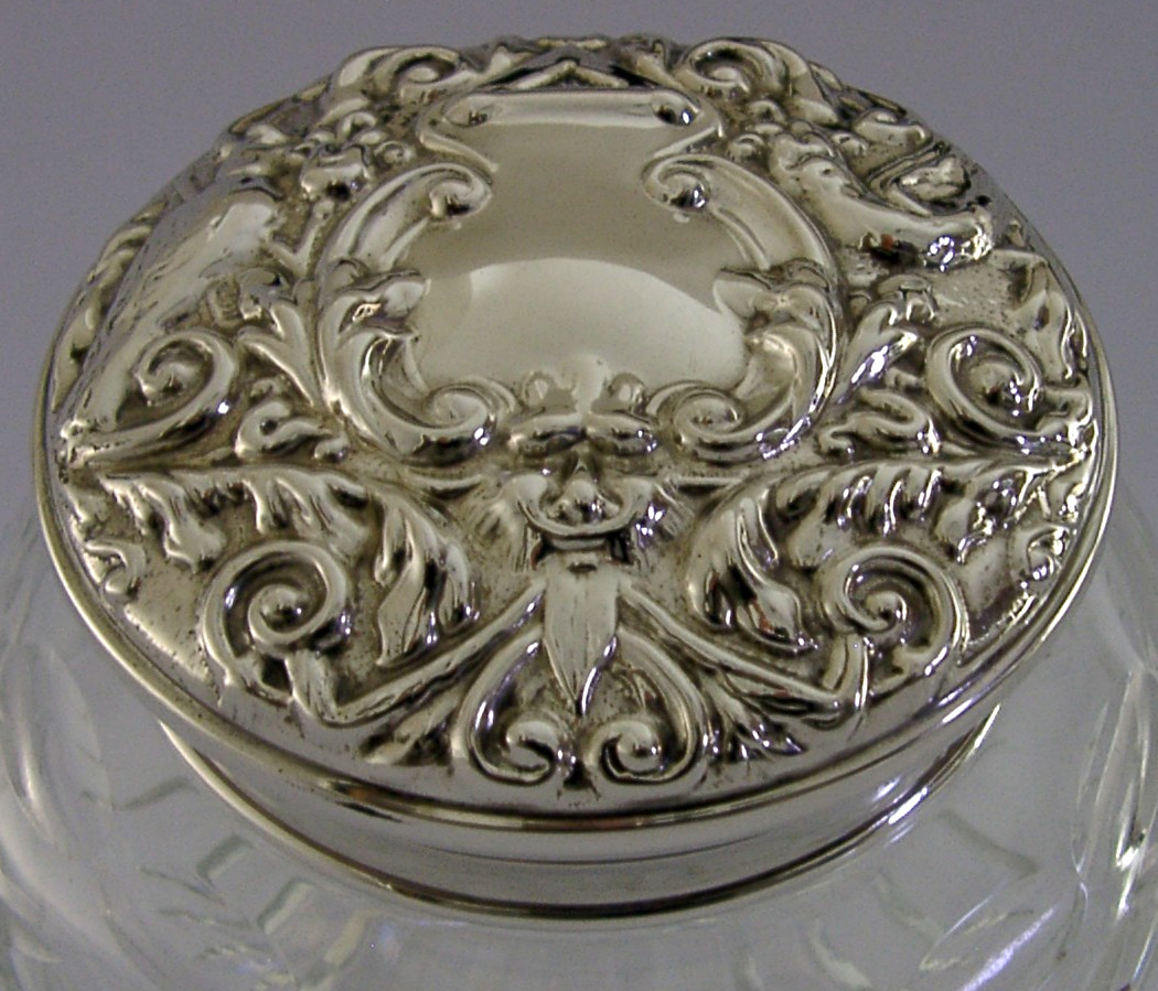 LARGE STERLING SILVER CUT GLASS POT JAR ENGLISH 1979 THE GREEN MAN