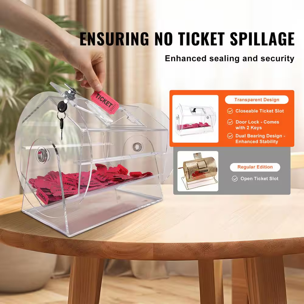 Acrylic Raffle Drum, Raffle Ticket Spinning Cage with 2-Keys, Transparent, Holds