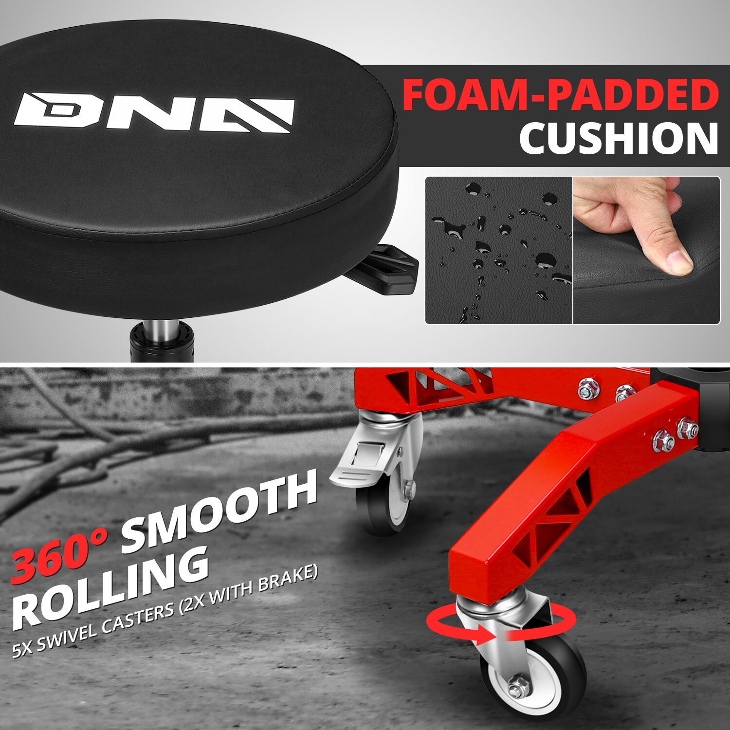 Heavy Duty Adjustable Height Mechanics Rolling Seat Garage Stool Work Shop Red