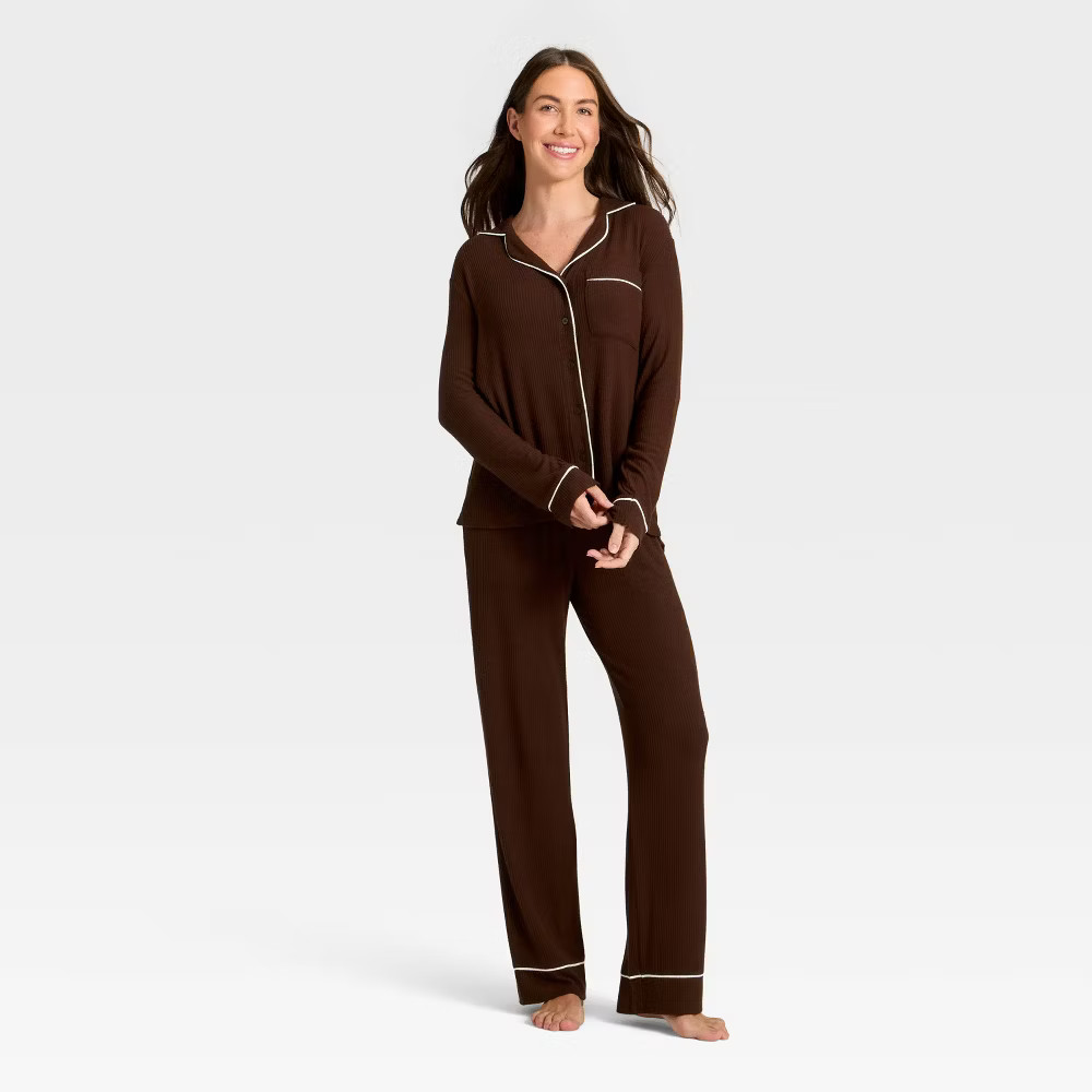 Women's Cozy Ribbed Notch Collar Long Sleeve Shirt and Pants Pajama Set