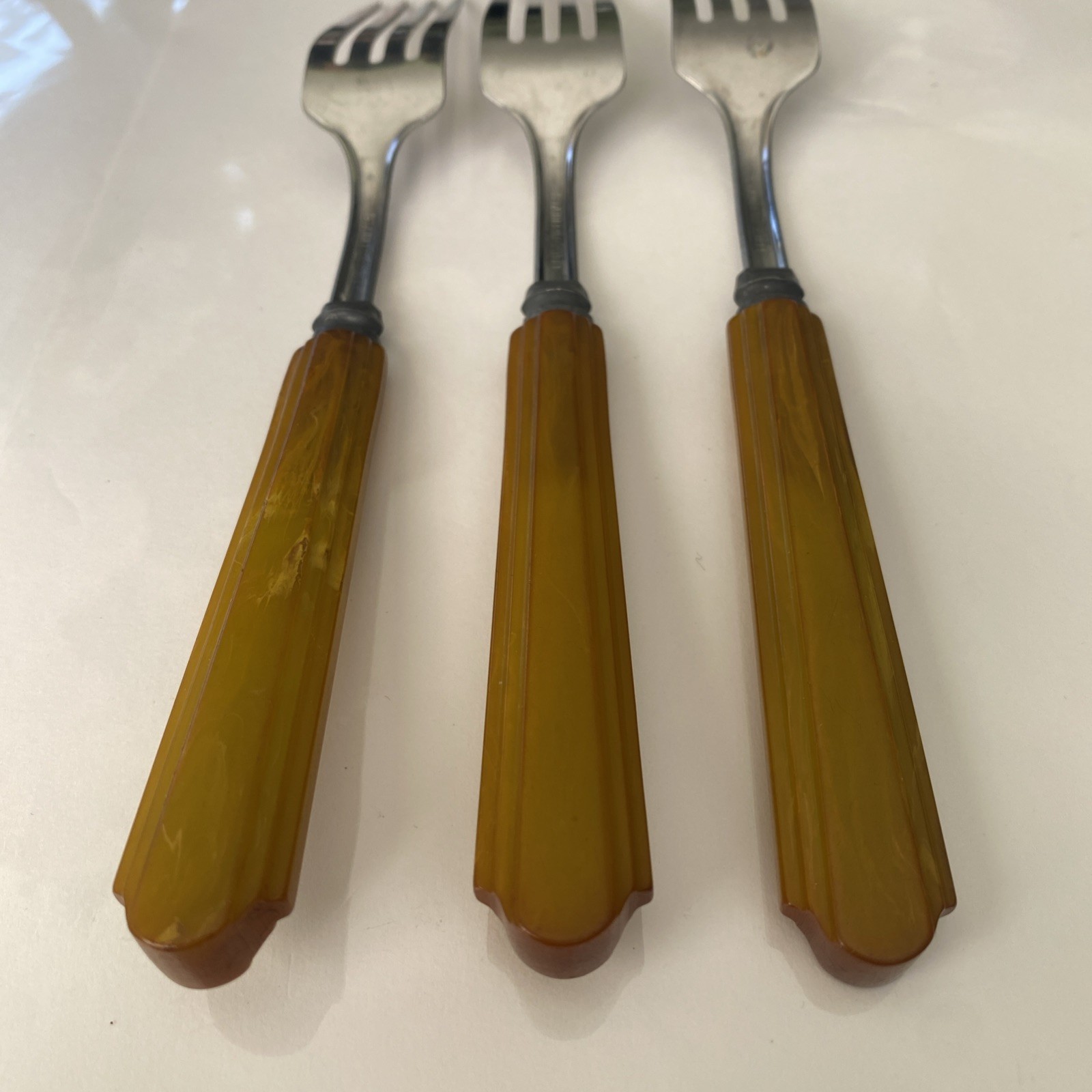 HTF Vintage Bakelite FORKS Flatware Utensils 3 Pc. Butterscotch Stainless Steel