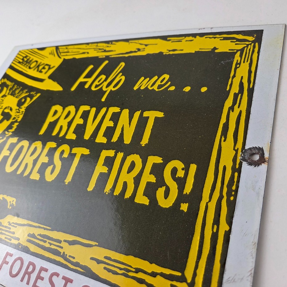 Vintage USA Forest Service Sign - Smokey the Bear Hiking Gas Porcelain Sign