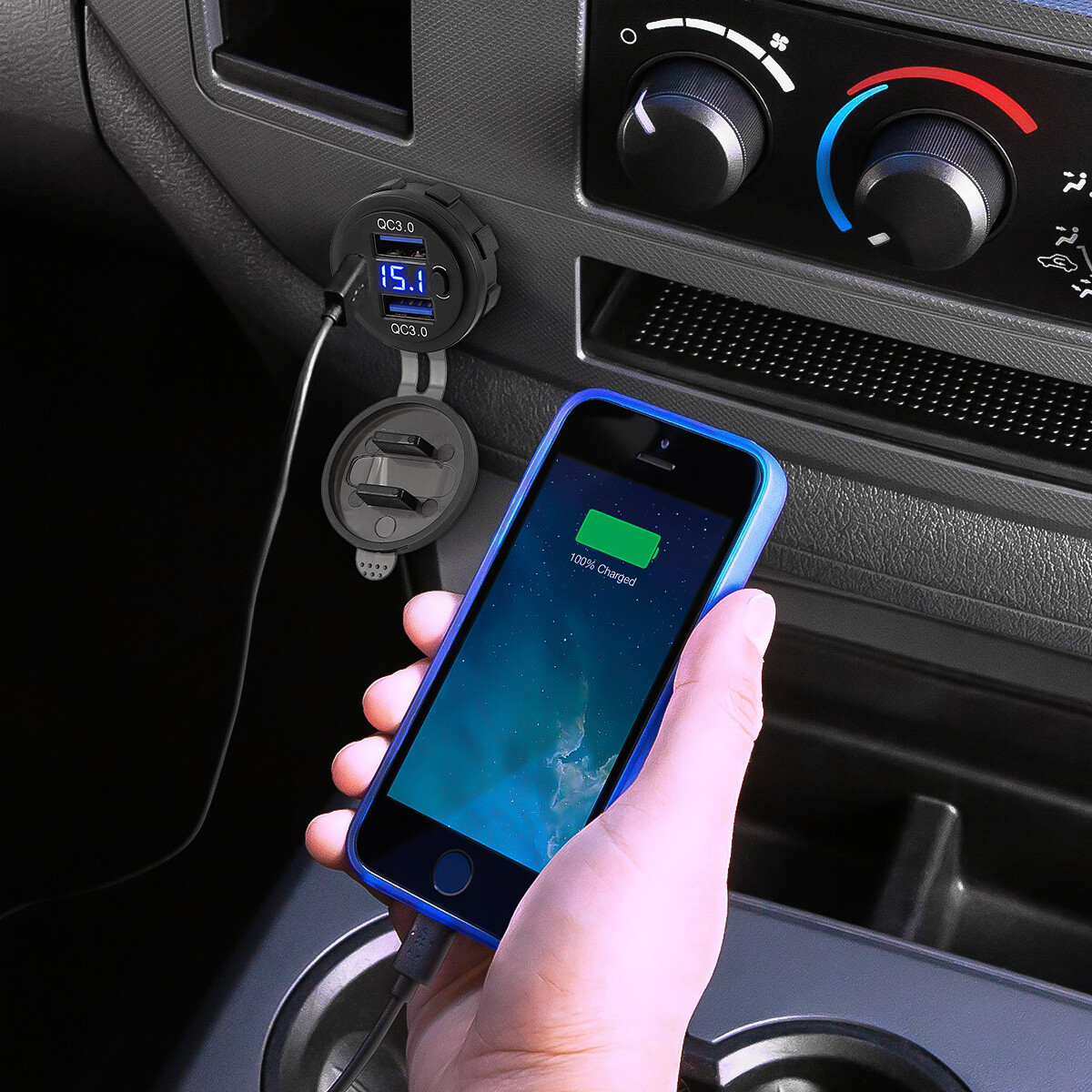 12V-24V PD + QC3.0 Dual USB Car Fast Charger Power Socket Outlet LED Voltmeter