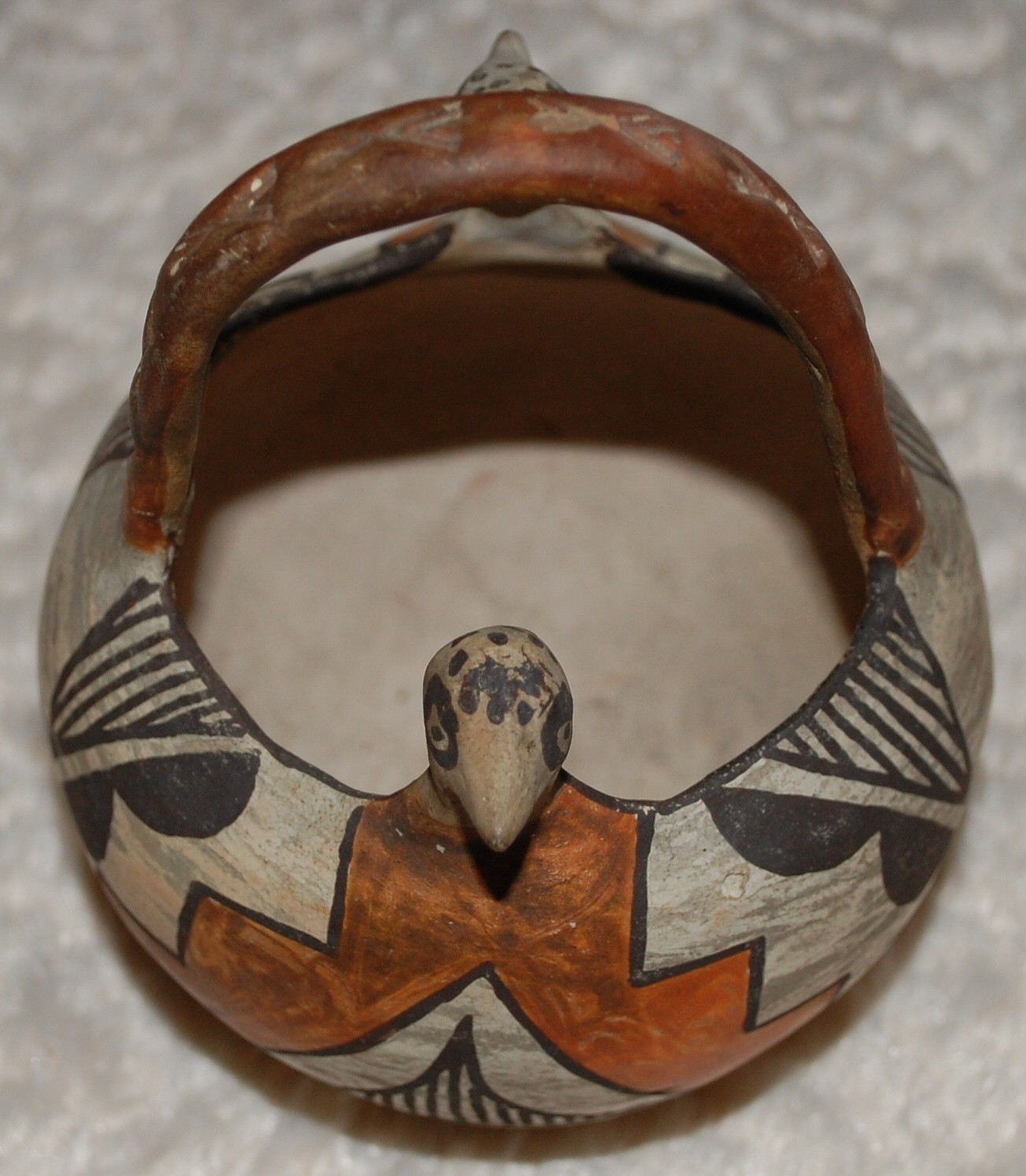 Early Isleta Double-Headed Pottery Bowl w/eight X engraved handle-1910-1920's