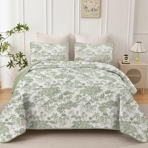 Botanical Quilt Set 3 Pieces Toile Floral Plants Printed King Sage Green