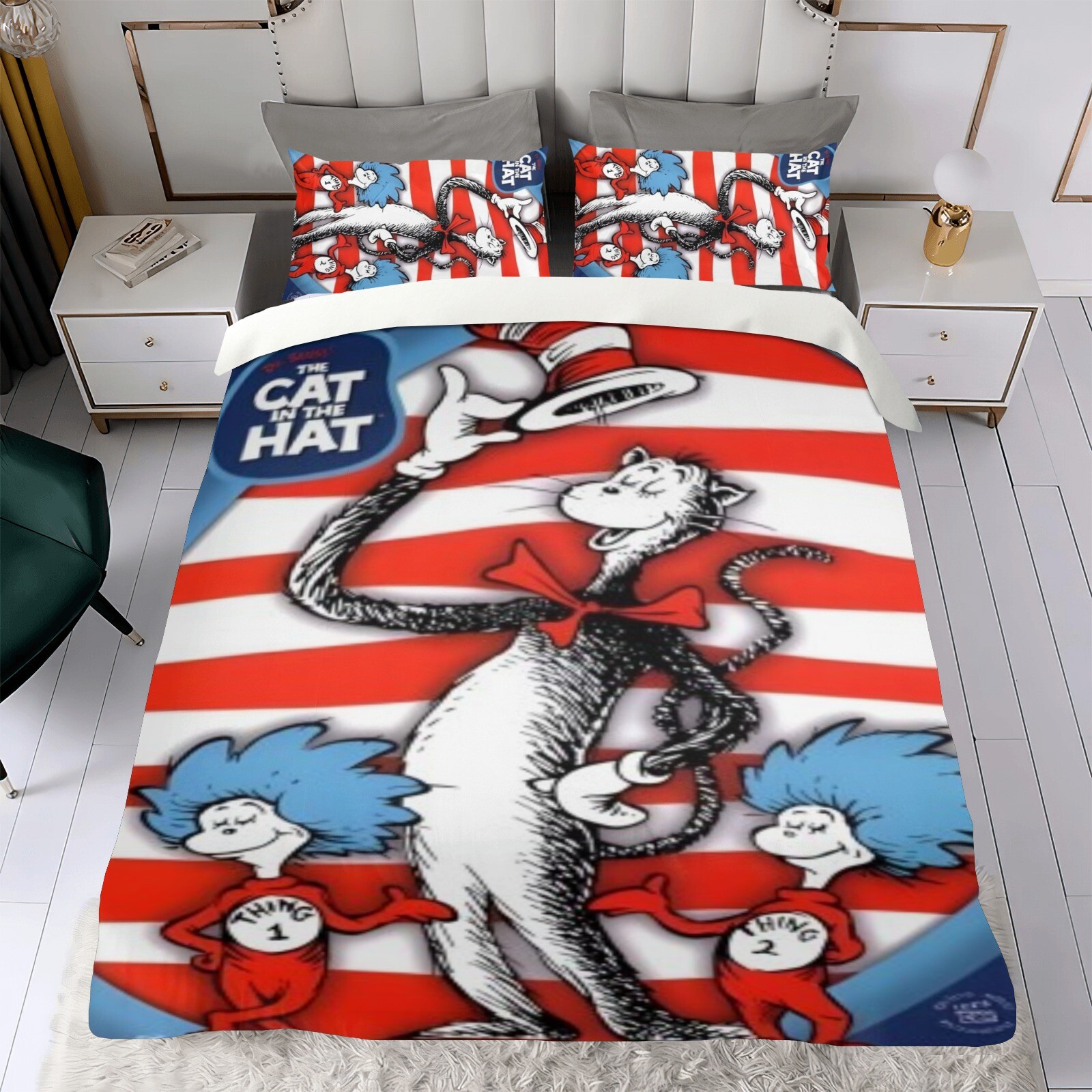 3Pcs Bedding Sets The Cat in the Hat Duvet Cover Sets All Season for Kids Soft