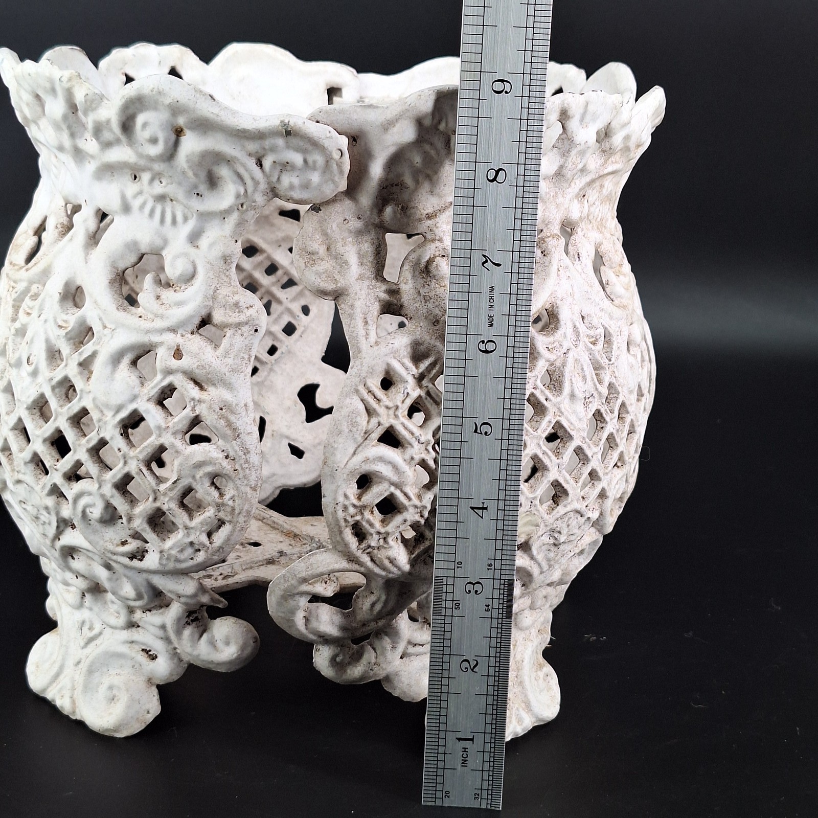 Antique Cast Iron Planter Holder Ornate Lattice White Garden Decor