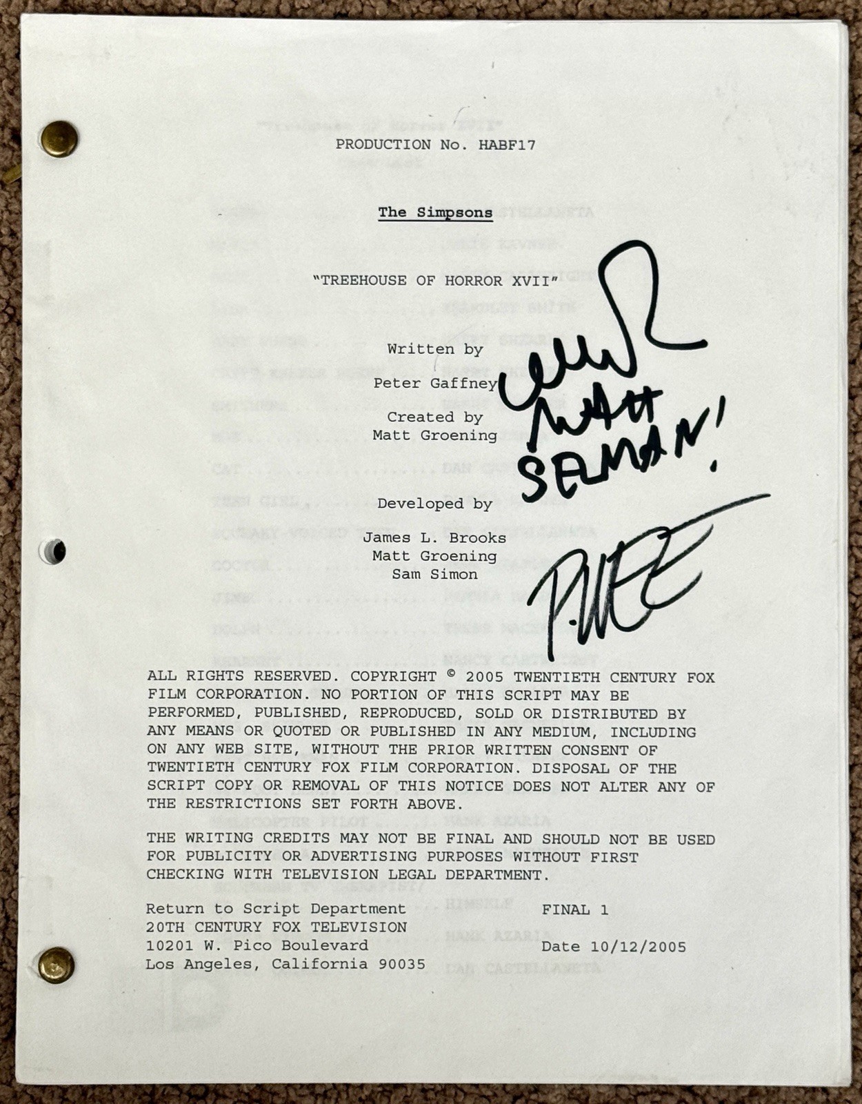The Simpsons Treehouse Of Horror XVII Script Signed By Matt Selman And Paul Wee