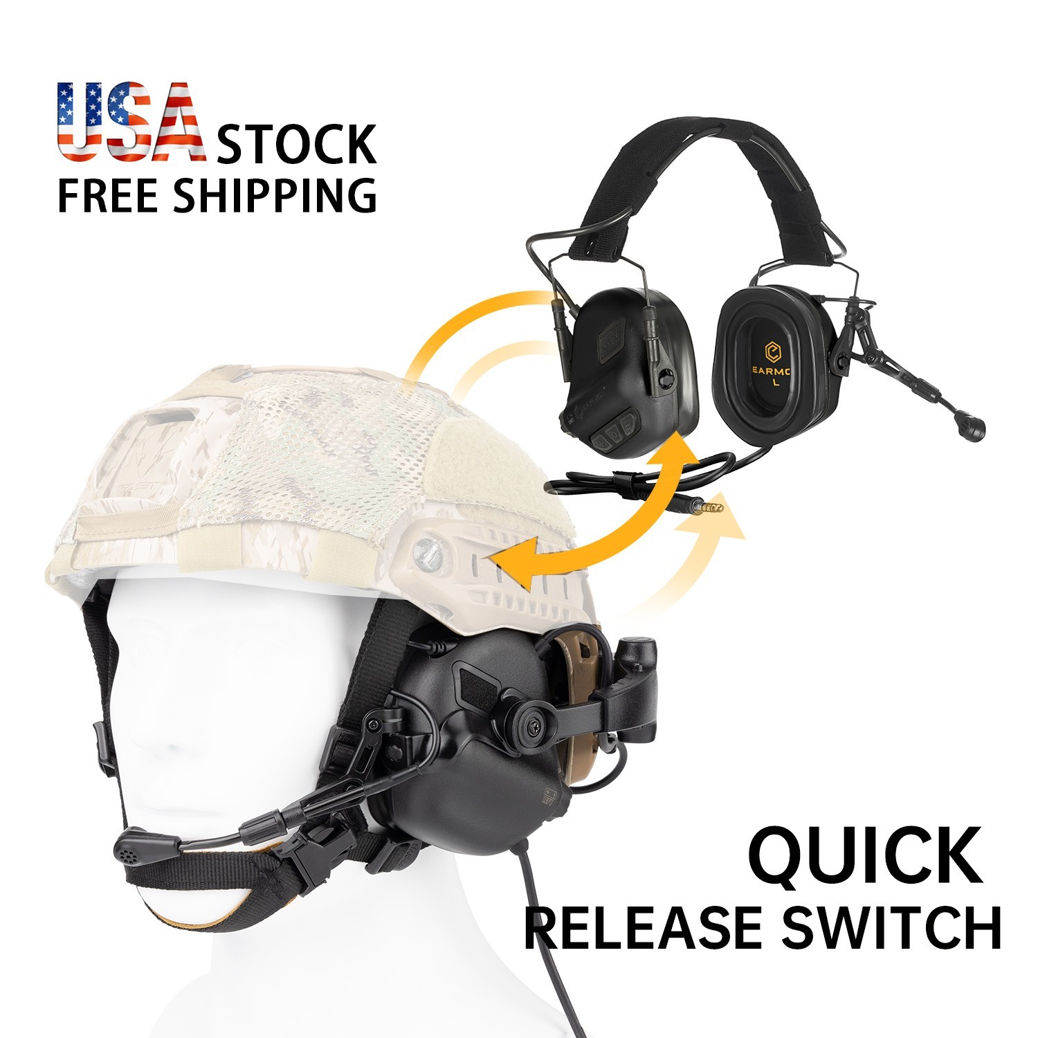 EAMOR  M32X Plus Tactical Headset With Helmet ARC Adapters and Microphone Black