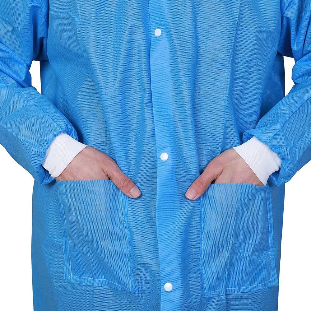 Pack of 10 Disposable Lab Coat Blue SMS with Pockets Adult Knitted Collar Cuffs