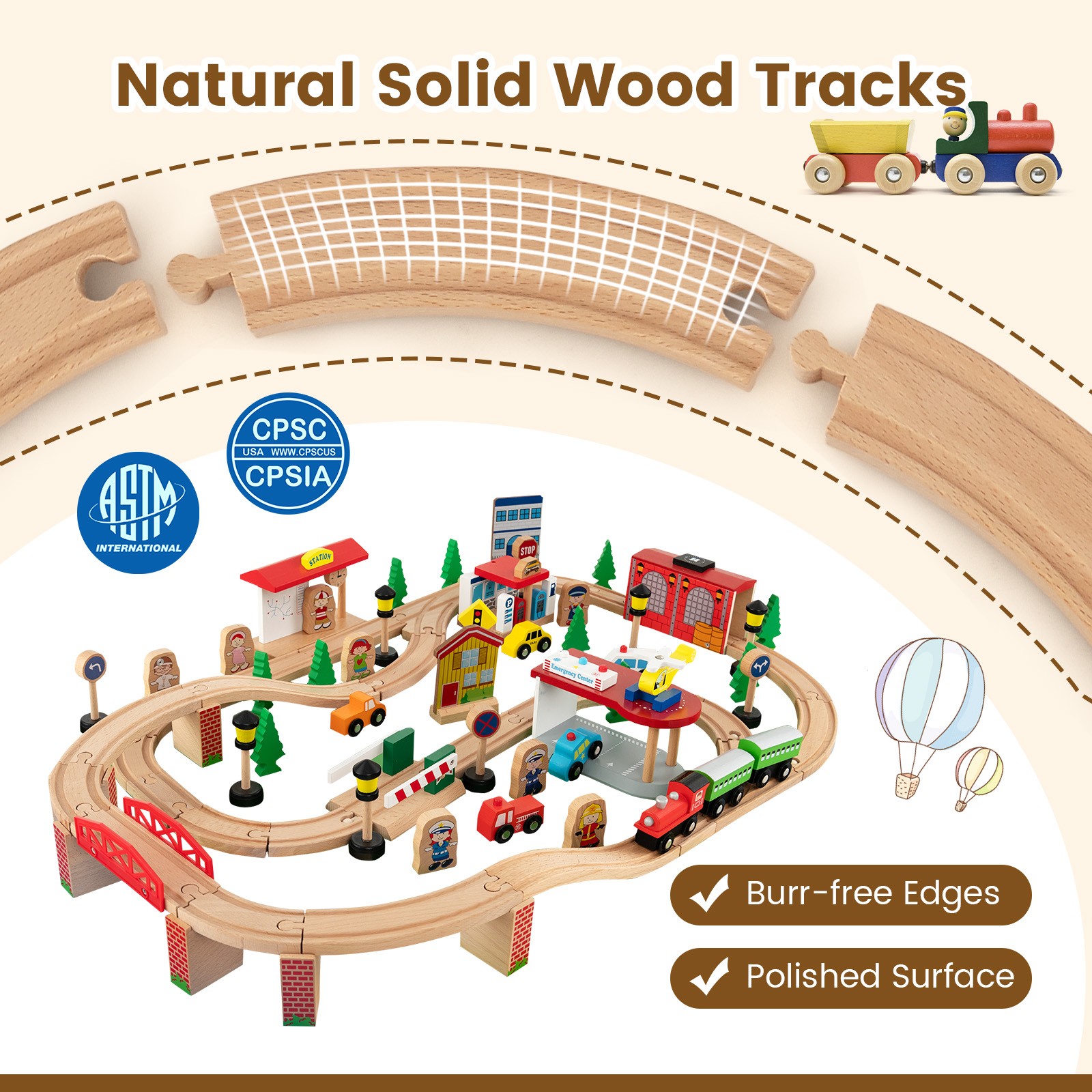 Kids Wooden Train Table Set 84 PCS Playset w/ Reversible Tabletop Storage Drawer