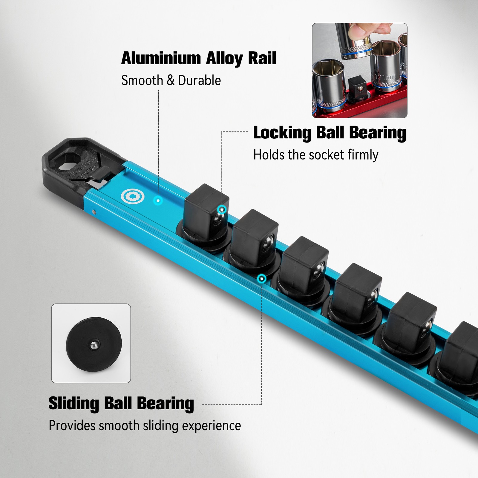 DURATECH 9PCS Magnetic 1/4”, 3/8”, 1/2” Aluminum Alloy Socket Rail with 96 Clips