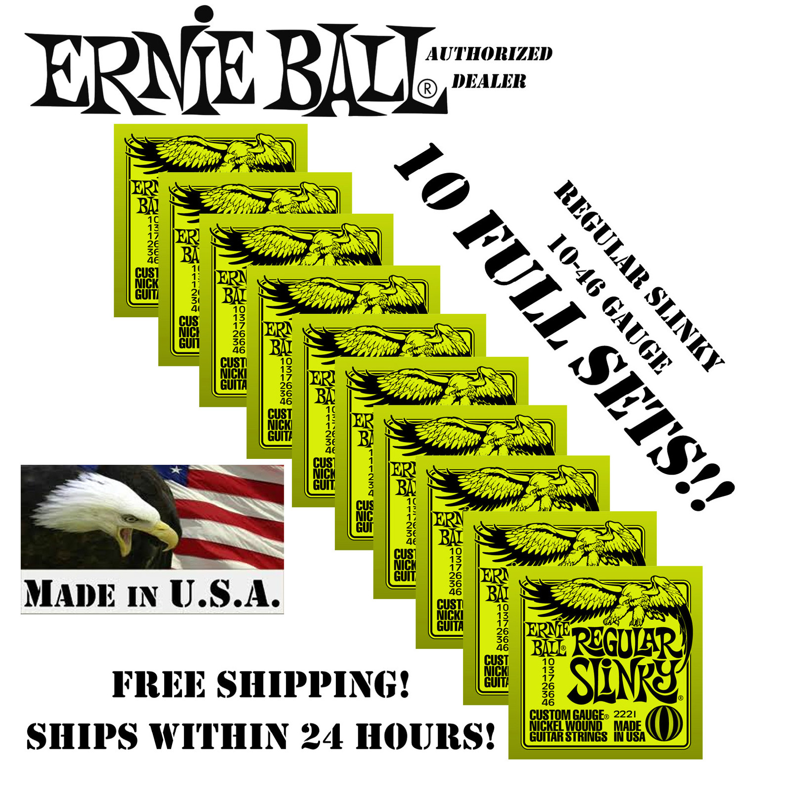 *10 PACK ERNIE BALL REGULAR SLINKY 10-46 ELECTRIC GUITAR STRINGS 2221 (10 SETS)*