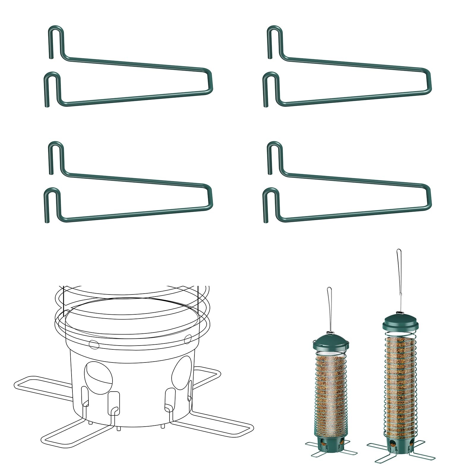 LCSEVEN Metal Feeding Ports Stands for Bird Feeder 4-Pack, Standing Green