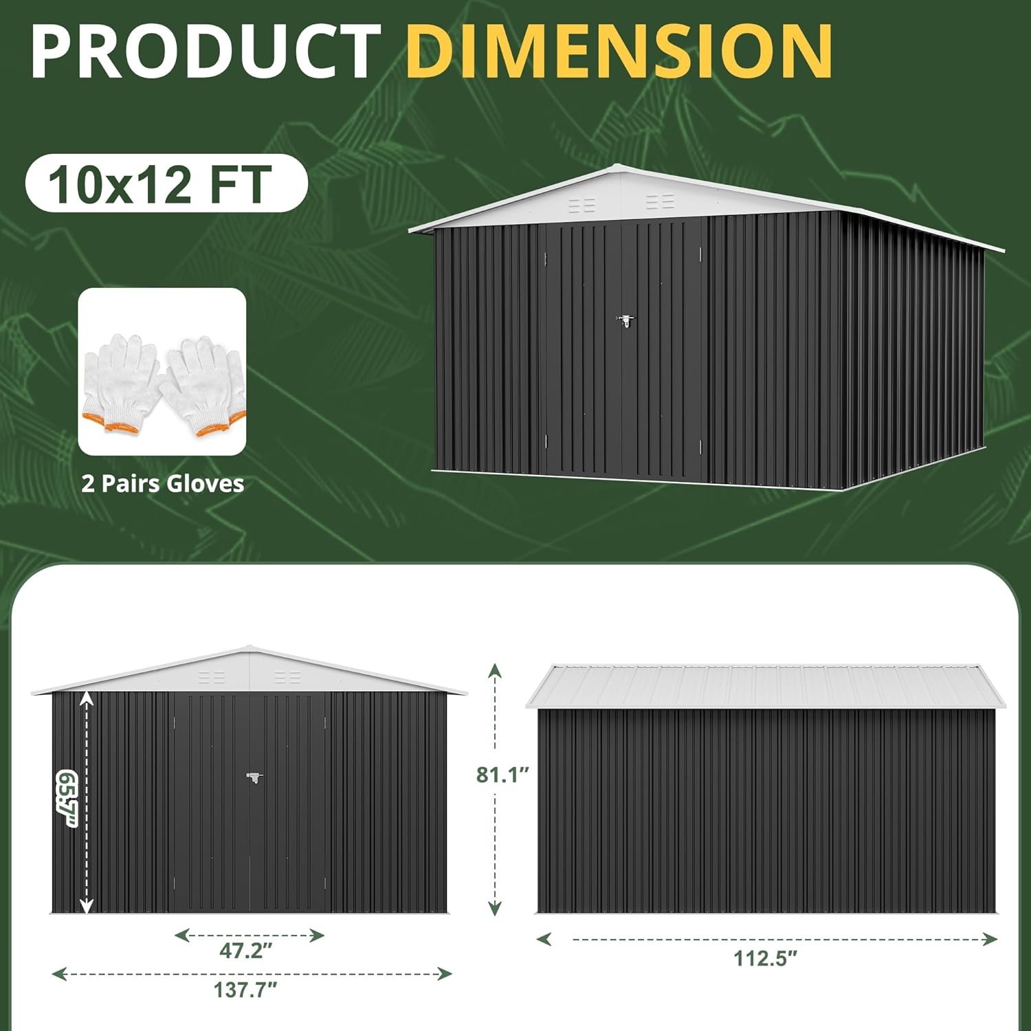 10x12 FT Outdoor Storage Shed with Updated Frame, White/Black