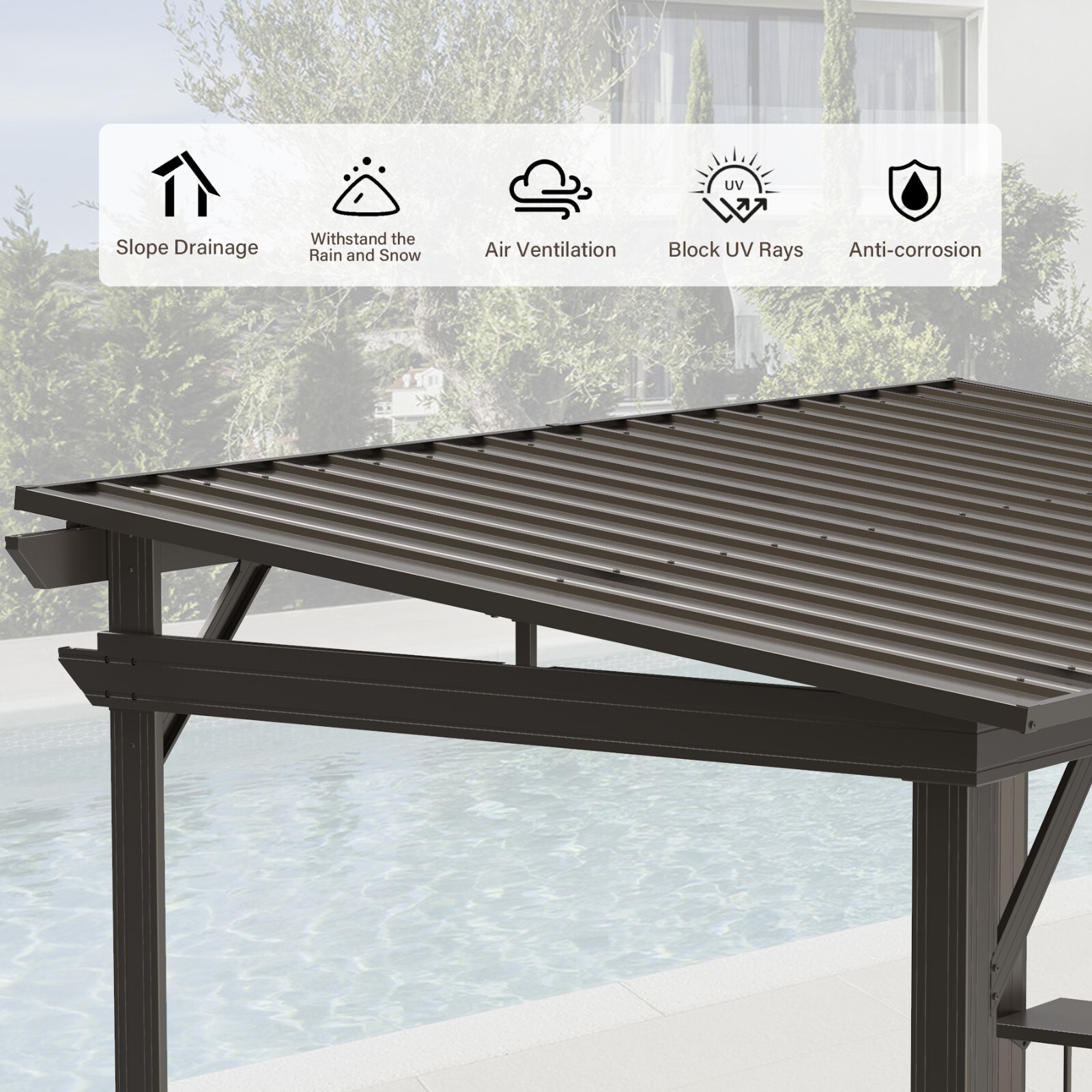 Domi Outdoor 6.5x12FT Hardtop Grill Gazebo w/2 Side Shelves &Ceiling Hook,Brown