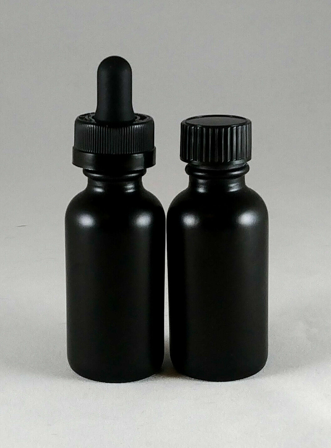 1oz Matte Black Boston Round Glass Bottle w/Dropper,Cap,Sprayer-1,6,12,24 btls