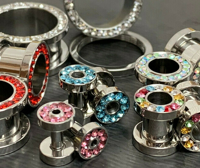 PAIR CZ Gem Rimmed 316L Surgical Steel Screw Fit Tunnels Plugs Earlets Gauges