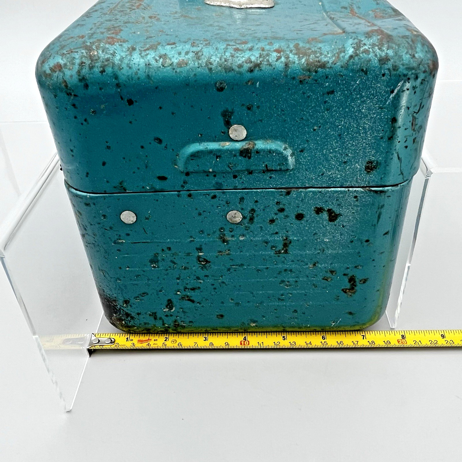 VTG Simonsen Green Teal Metal Tool Tackle Box 14" x 8" 2 Trays Industrial Patina