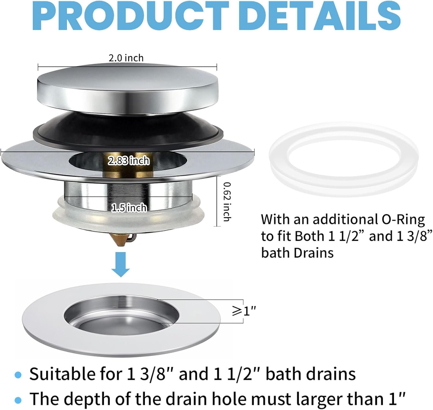 Universal Bathtub Drain Stopper,Bathroom Tub Drain Plug Pop Up,Replaces Bath Tuh