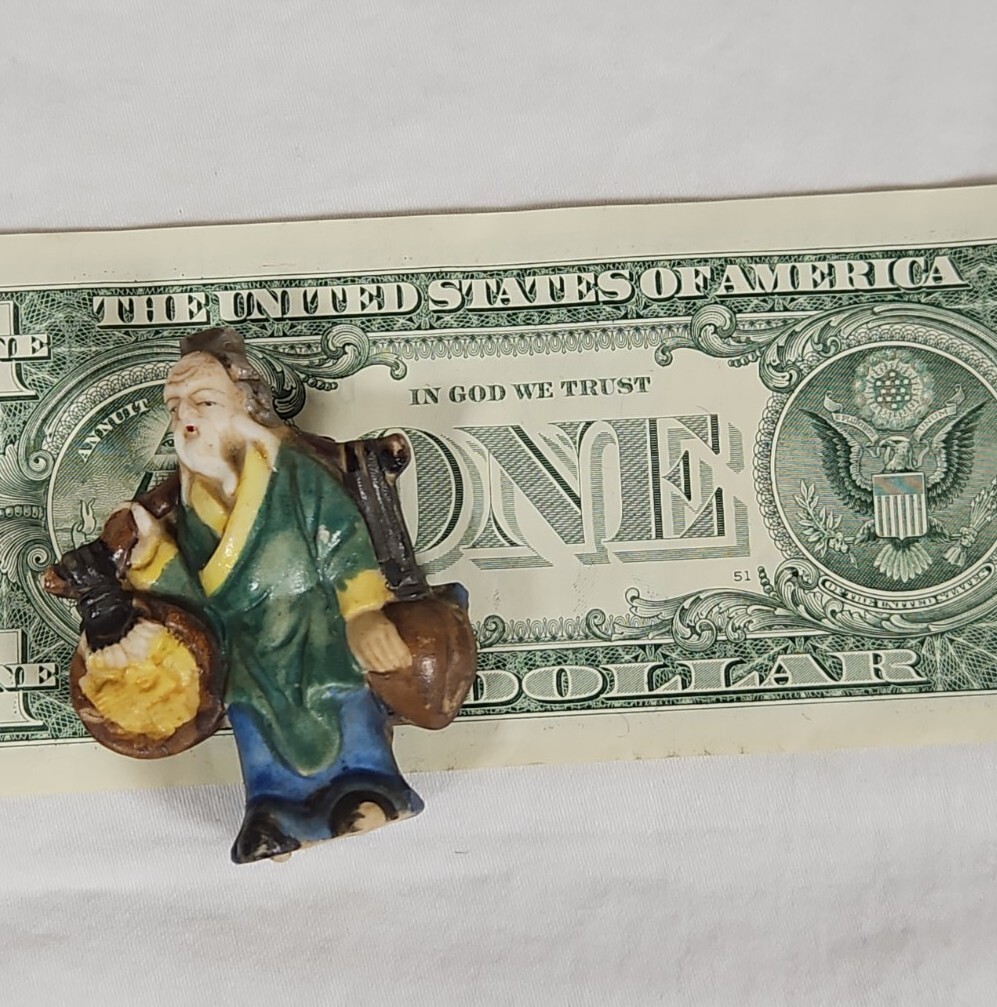 Vintage Japanese Miniature Figurine Yoke Bearing Man Coin Peach Peasant