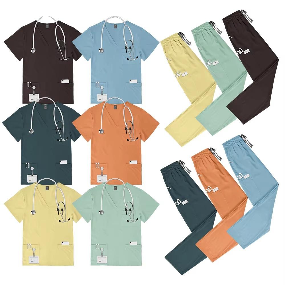 2025 Comfortable Spandex Hospital Uniform Scrub Set Women Men V-Neck Straight