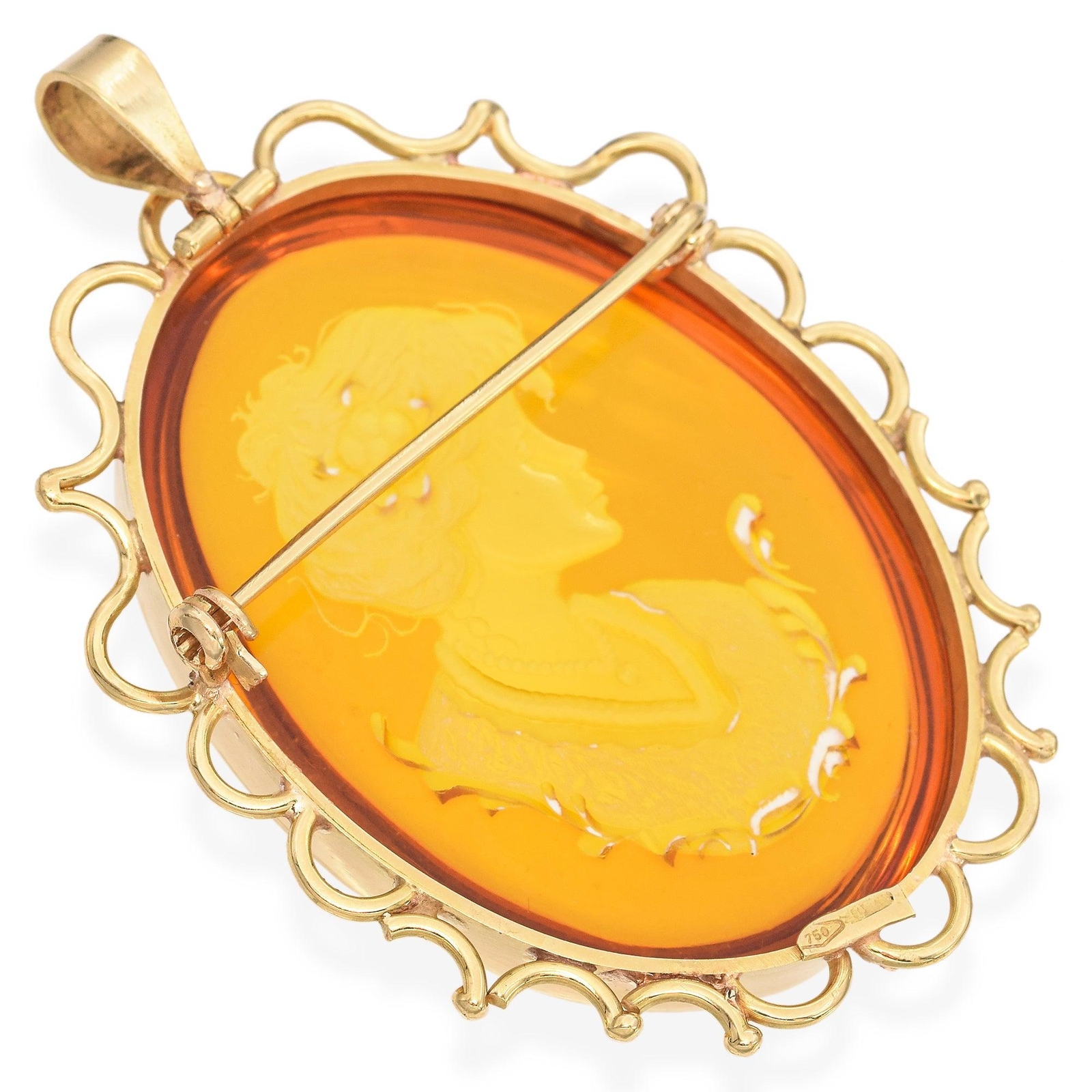 Vintage 18K Yellow Gold Carved Woman Amber Intaglio Brooch Pendant