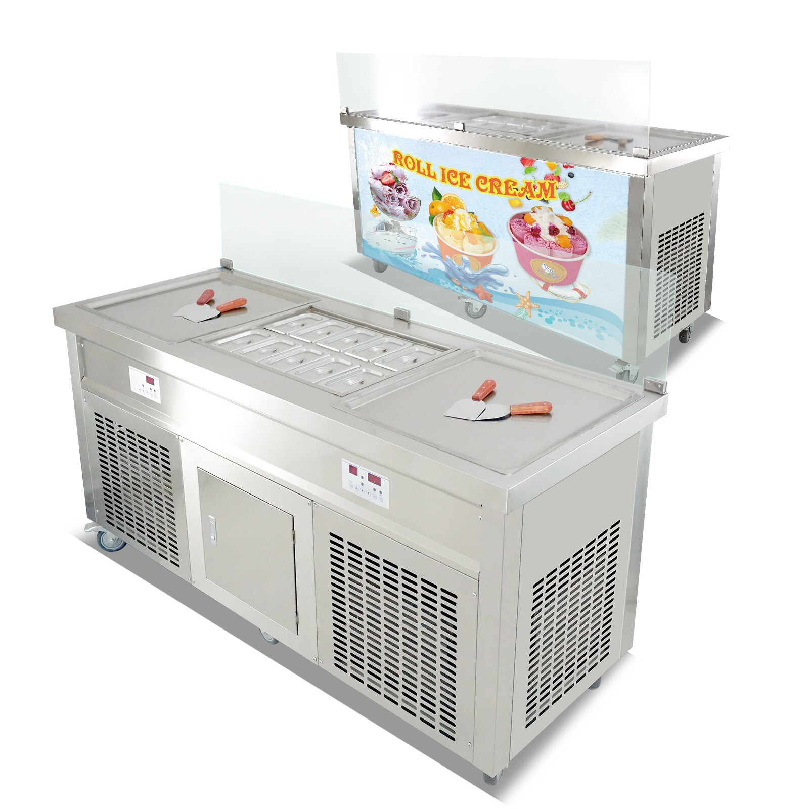 Commercial rolled ice cream machine double square pans with 10pcs cooling tanks