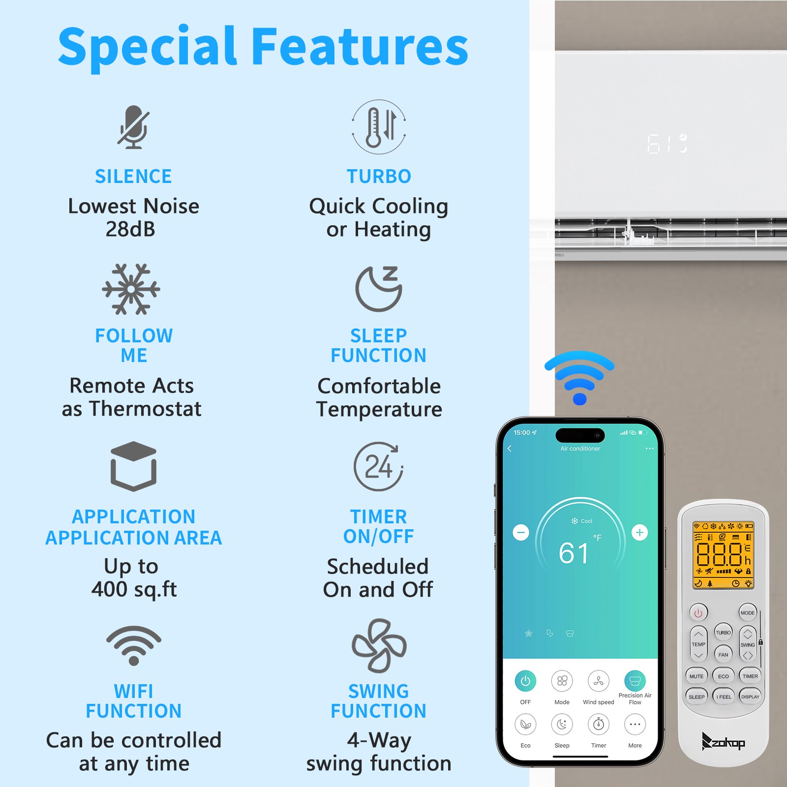38000 BTU 2 Zone Mini Split Air Conditioner 20 SEER2 12K+24K Cool & Heat Pump