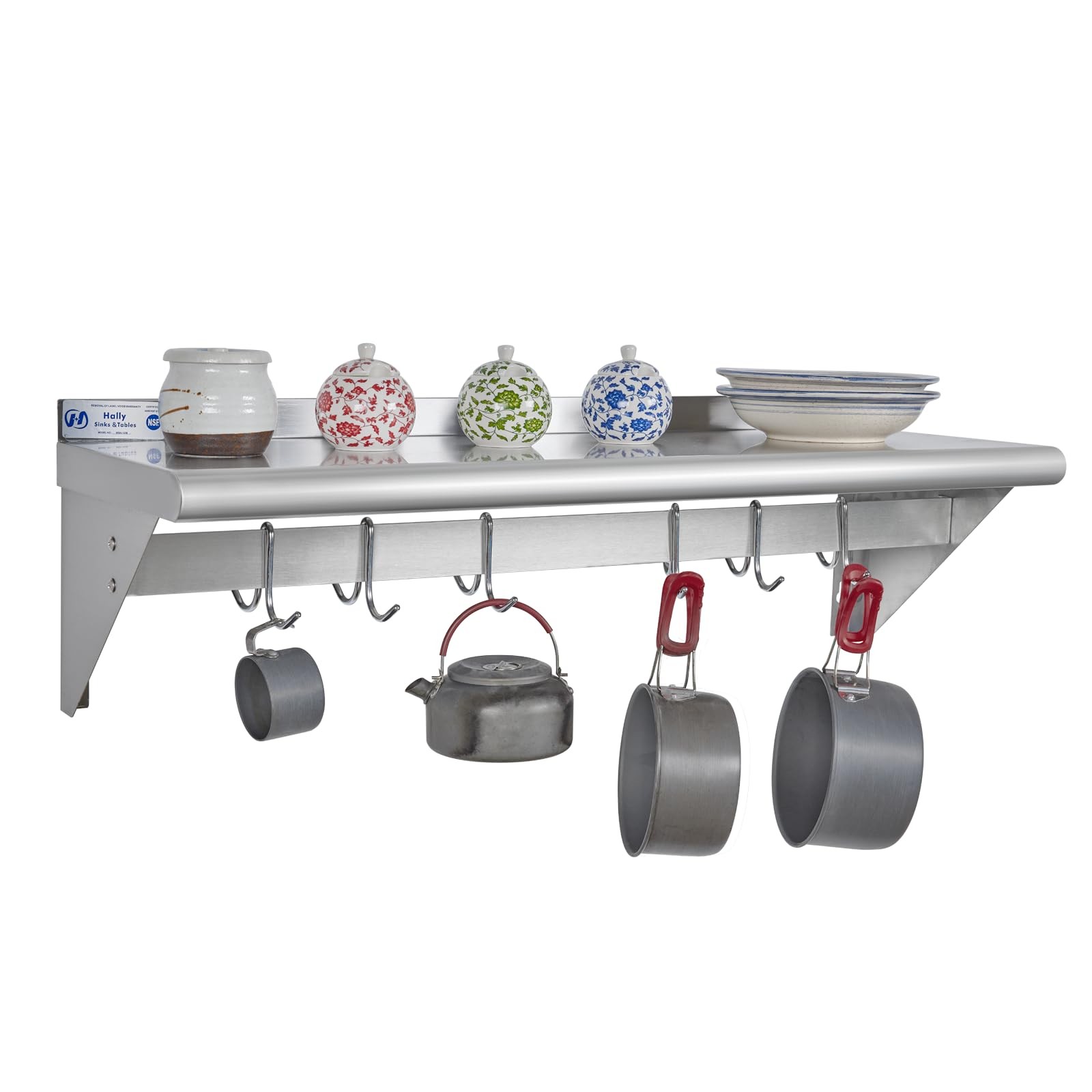 Hally Stainless Steel Shelf With 6 Hooks 12 X 36 Wall Mounted Pot Rack Nsf Com