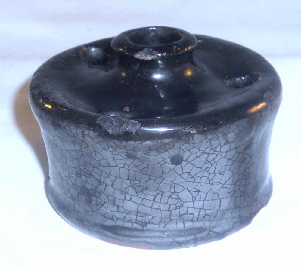 Antique Dark Brown Manganese Glazed Redware Inkwell with 3 Quill Storing Holes