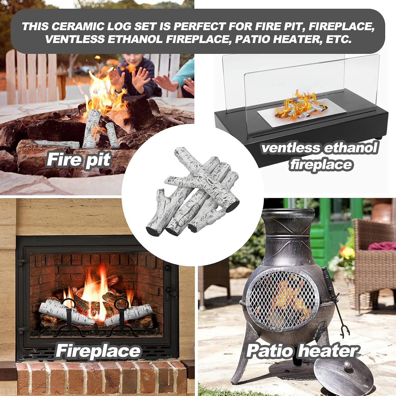 4 Piece Set of Ceramic White Birch Wood Gas Log for All Types of Ventless, Gel,