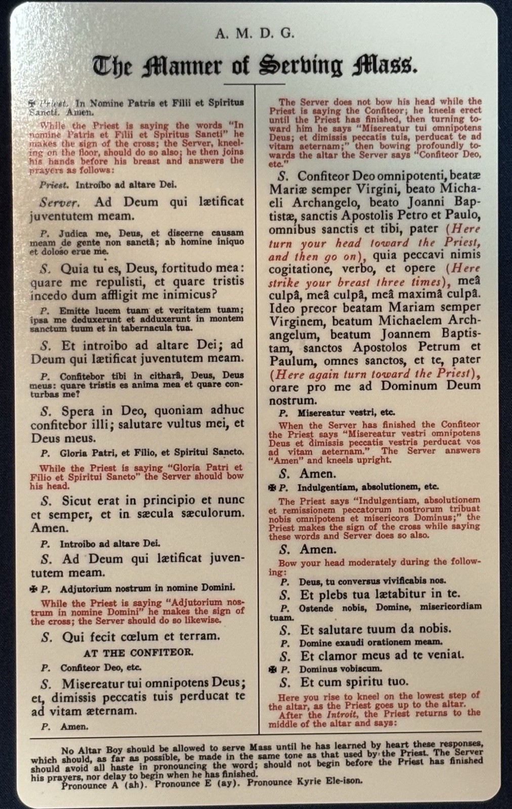 Tridentine Latin Mass Altar Server Response Card Missale Prayers 1944