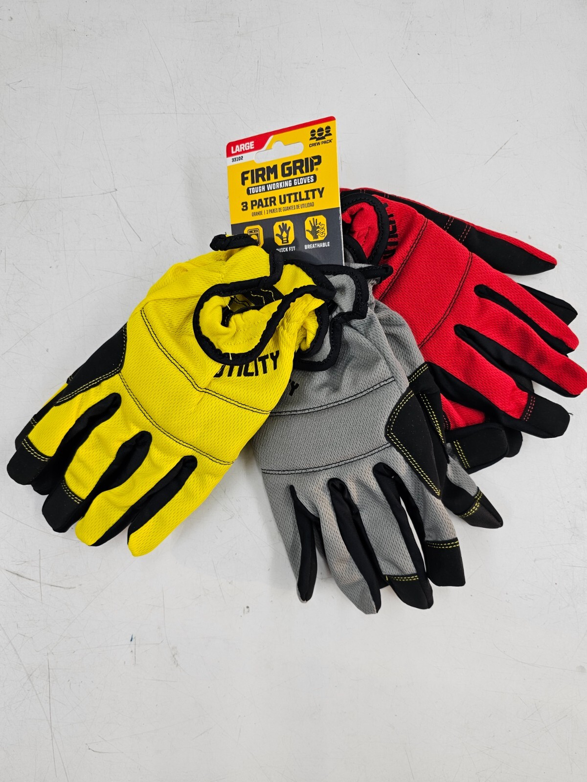 Firm Grip Tough Working Gloves Size Large 3 Pack ~ Red, Yellow, Gray