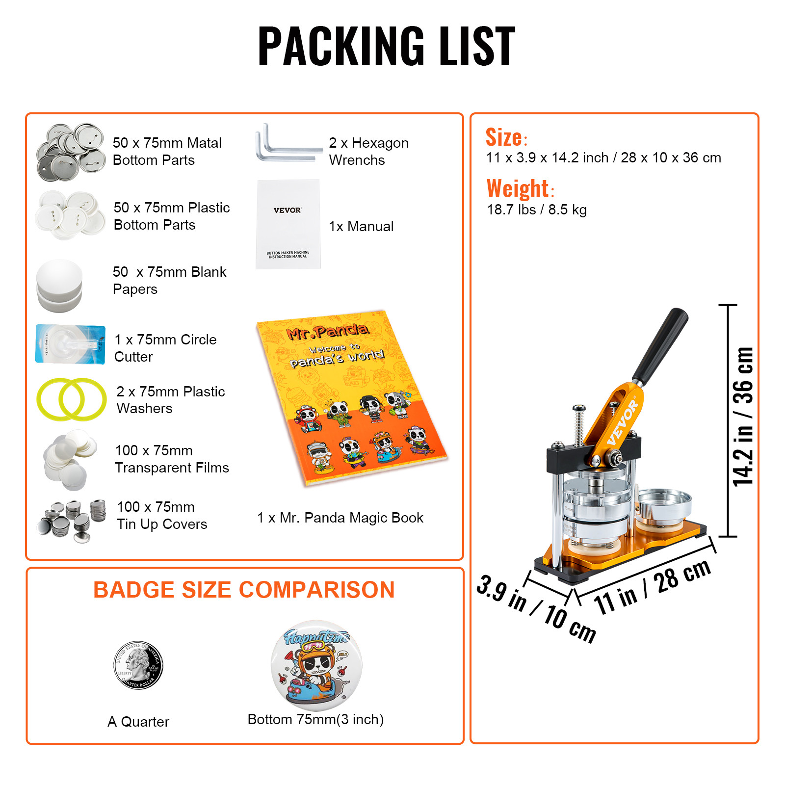 VEVOR Button Maker Machine Badge Pin Machine 3" 75 MM 100 Free Parts Press Kit