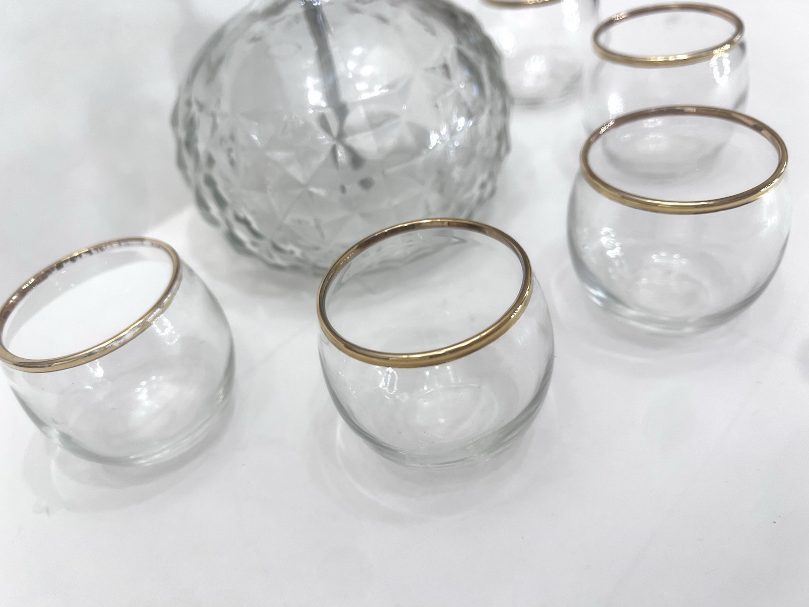 Vintage Park Sherman Liquor Dispenser Set with Brass Pump and 6 Gold Rim Glasses