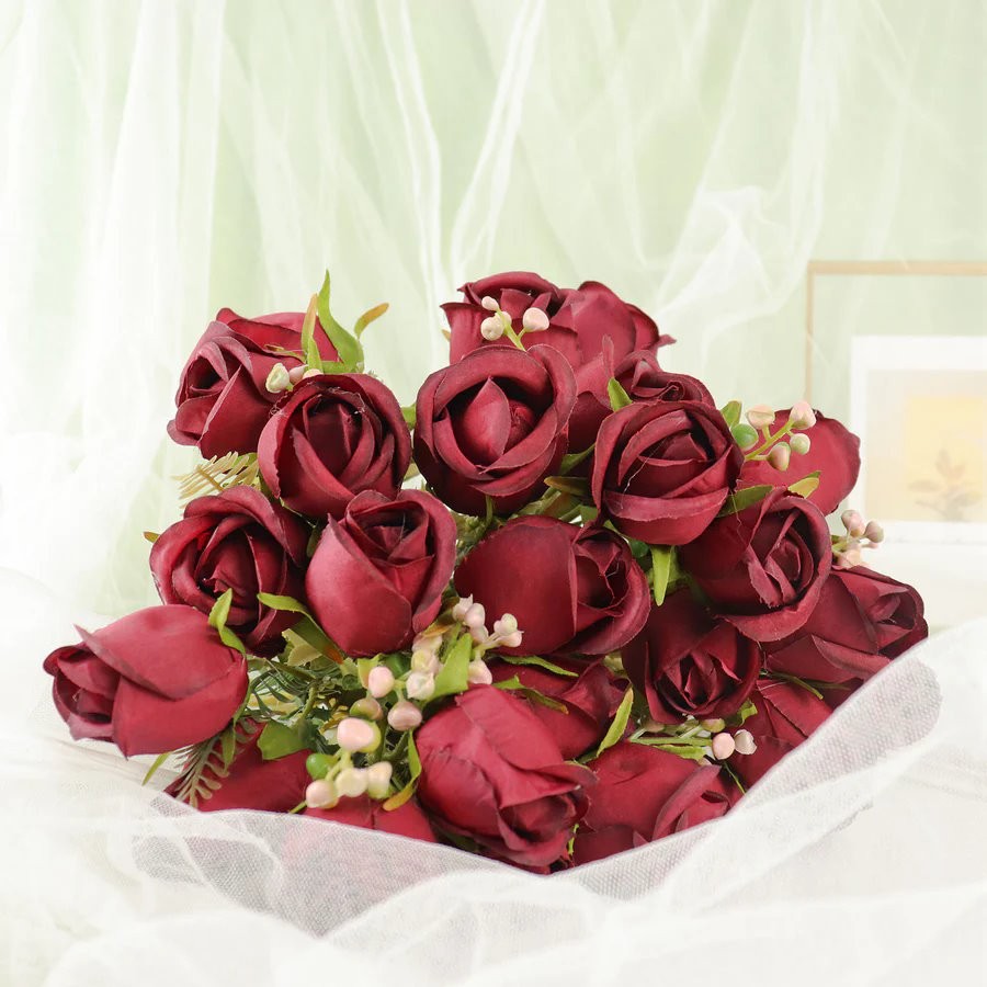BURGUNDY 3 Bouquets 13" Silk Rose Bud Artificial FLOWER Bushes Party Decorations