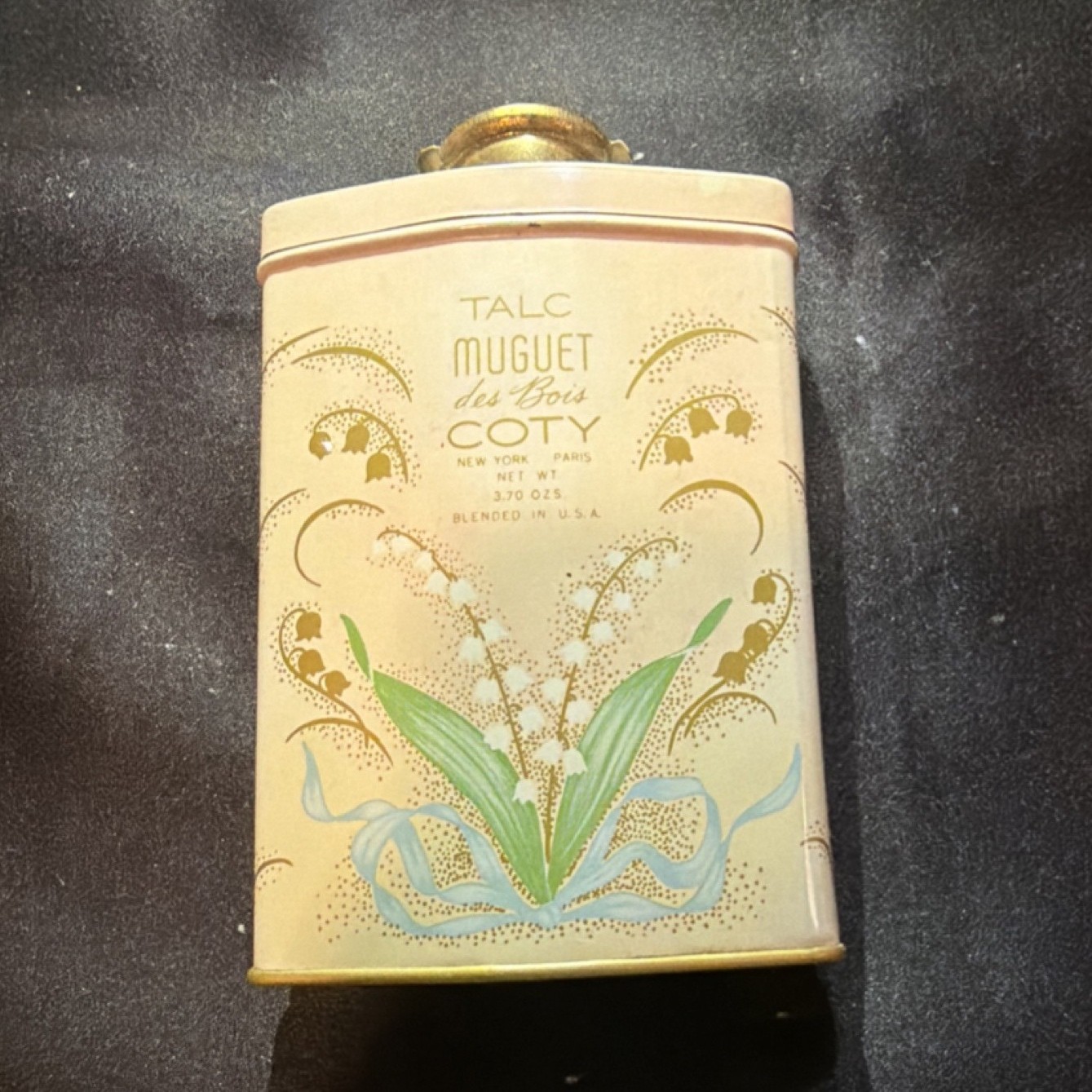 Coty Muguet des Bois Talcum Powder Advertising Tin 4 oz Beige Green Gold