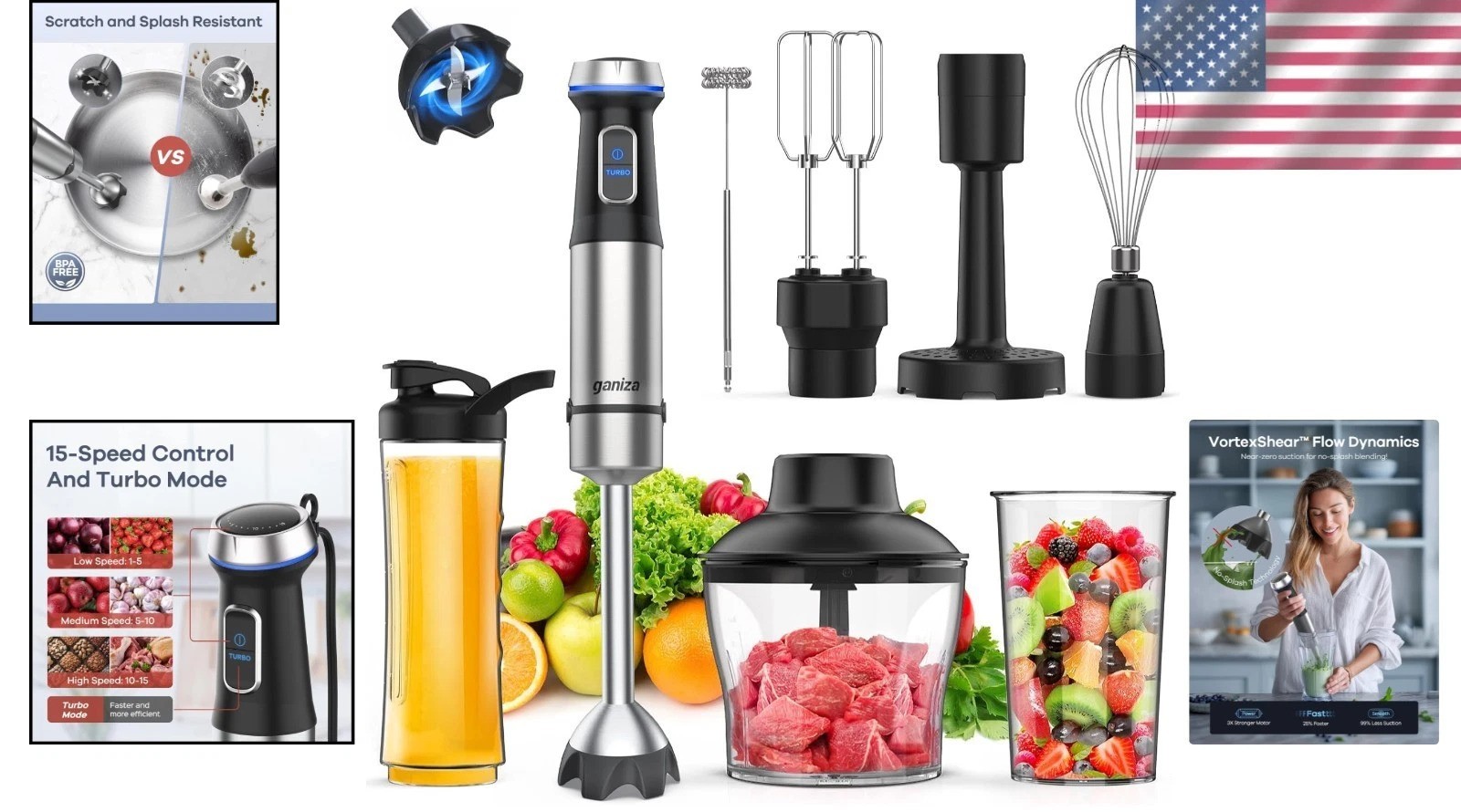 8-in-1 Immersion Blender with 1000W Motor & 16 Speed Modes for Effortless Ble...