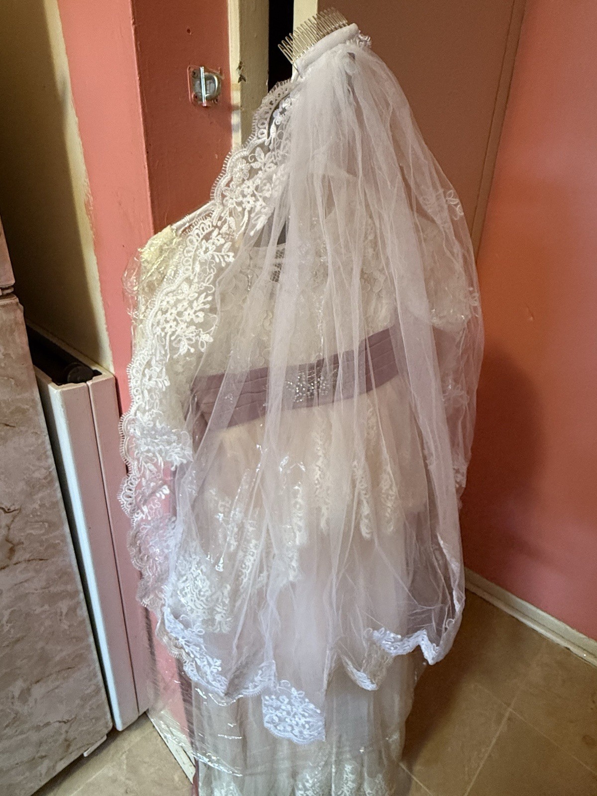 Lace A-Line Boat Neck Wedding Dress with Veil and Purple Sash