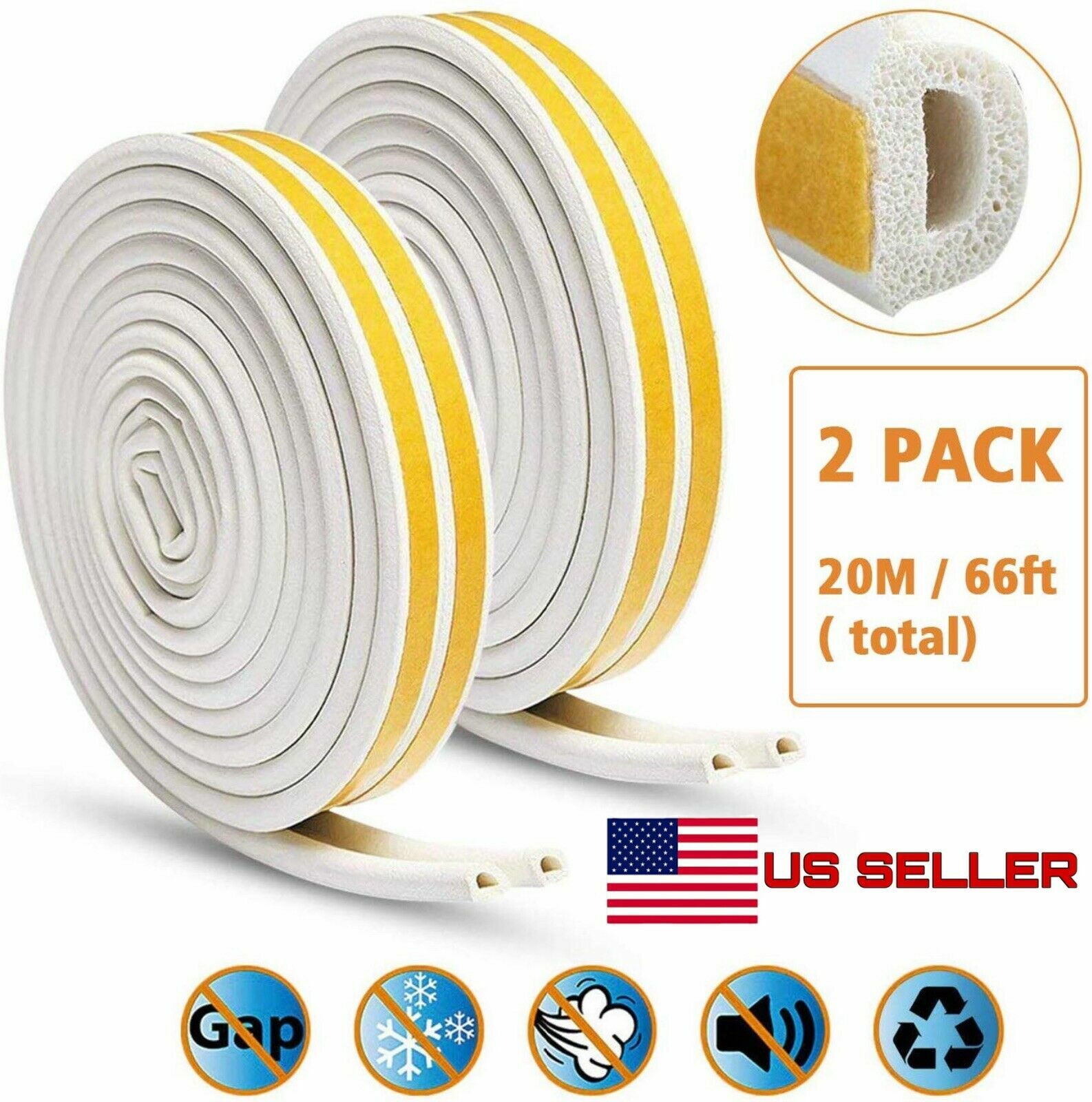 66ft Weather Stripping Door Seal Self Adhesive Foam Weatherproof Door Stopper